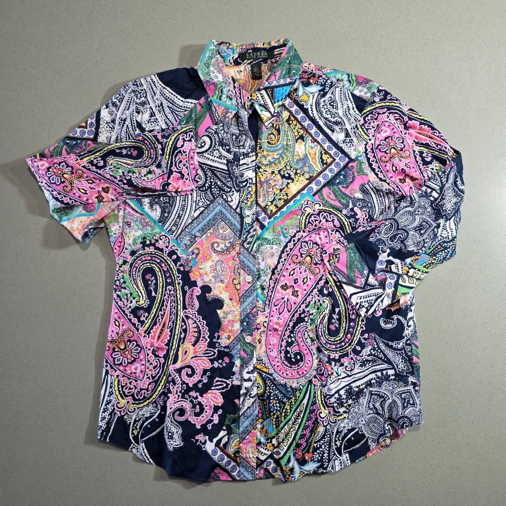 Lauren Ralph Lauren Paisley Print Button Up Shirt Multi Color Cotton Womens L